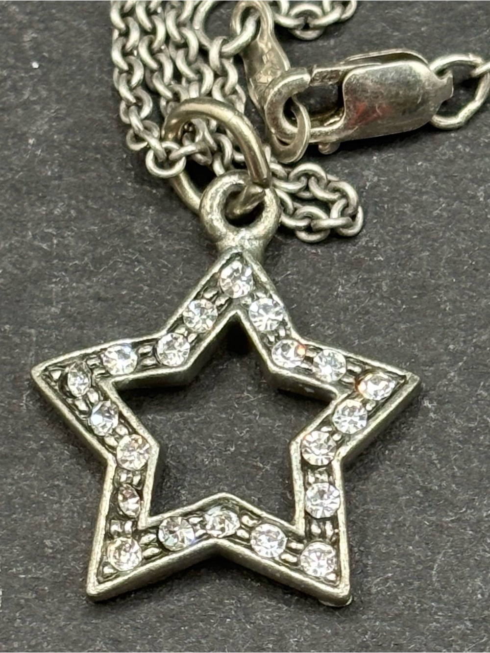 Vintage Pewter Pave Rhinestone Star Pendant on 925 Sterling Silver Chain 18"